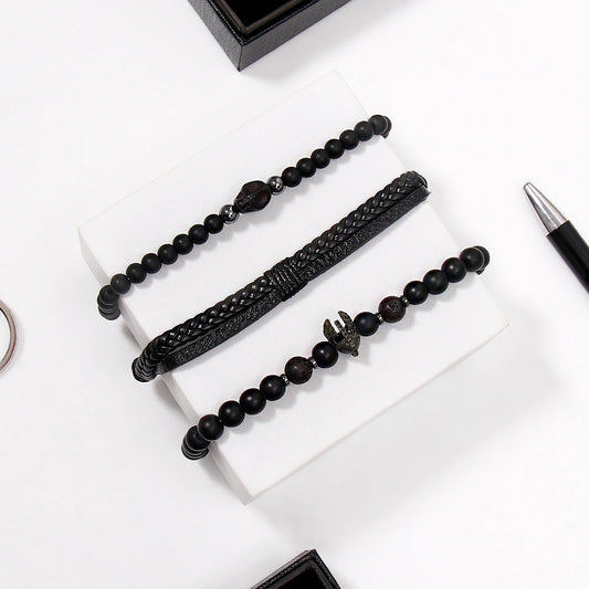 Black Beaded Skull Charm Bracelet Set