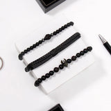 Black Beaded Skull Charm Bracelet Set