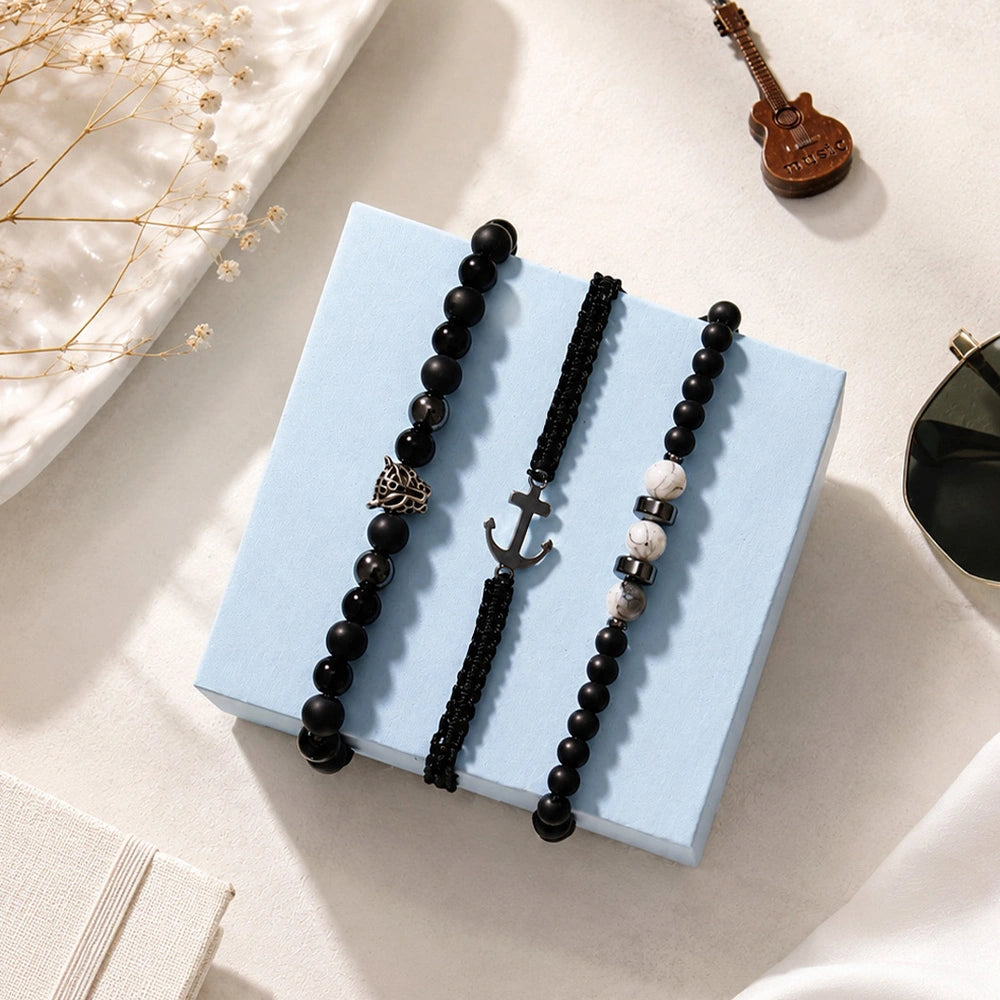 Black Beaded Anchor & White Charm Bracelet Set