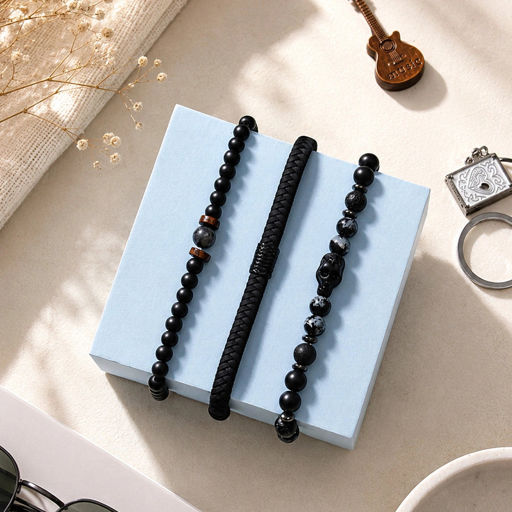 Black Beaded & Braided Bracelet Set