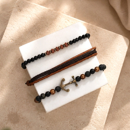 Black & Copper Beaded Anchor Charm Bracelet Set