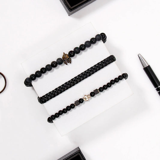Black Beaded Viking Helmet & Hamsa Charm Bracelet Set