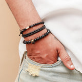 Black Beaded Viking Helmet & Hamsa Charm Bracelet Set