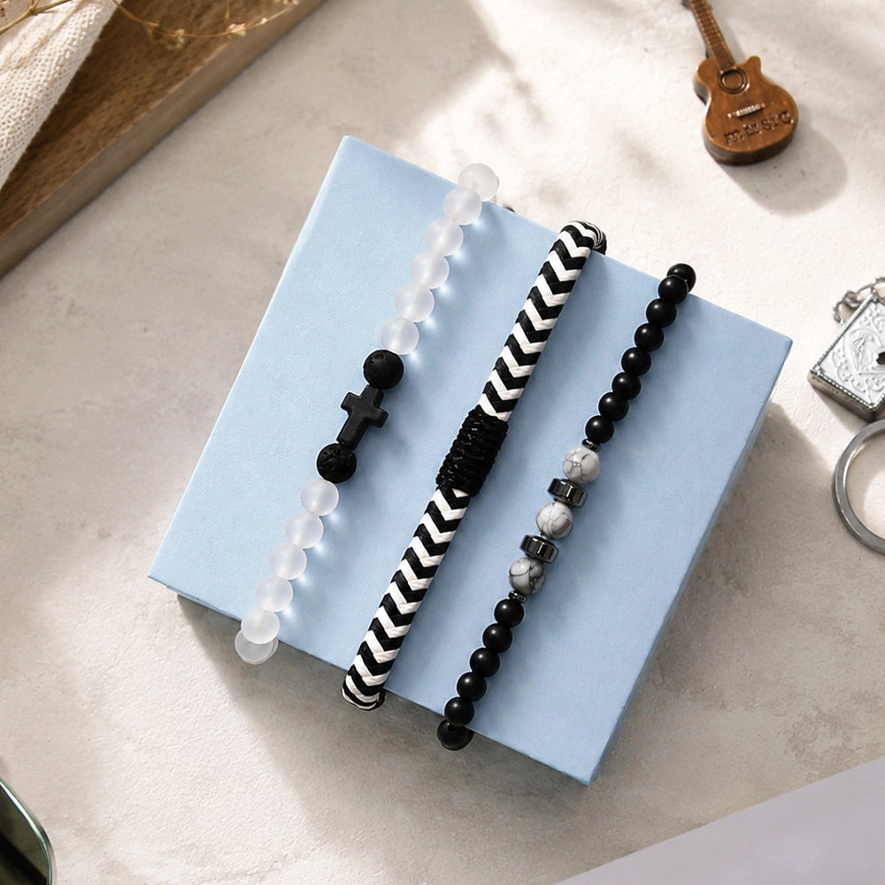 Frosted Beaded Cross & Chevron Braided Bracelet Set
