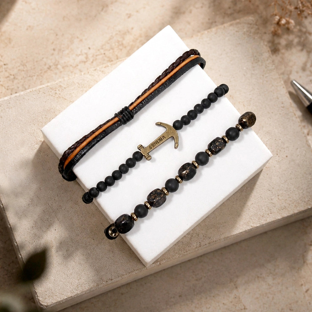 Brown Braided & Black Beaded Anchor Charm Bracelet Set