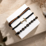 Brown Braided & Black Beaded Anchor Charm Bracelet Set