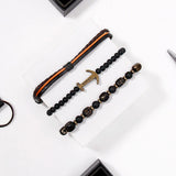 Brown Braided & Black Beaded Anchor Charm Bracelet Set
