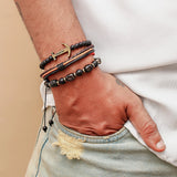 Brown Braided & Black Beaded Anchor Charm Bracelet Set