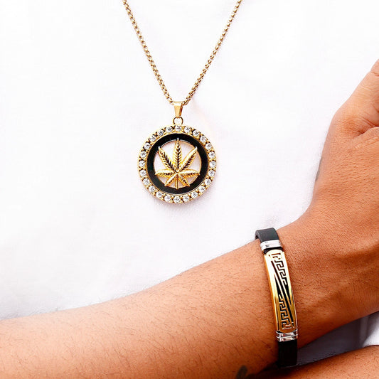 Gold-Tone Rhinestone Leaf pendant & Greek Key Bracelet Set