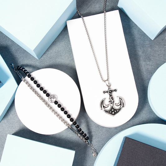 Silver-Tone Anchor Pendant & Beaded Chain Bracelet Set