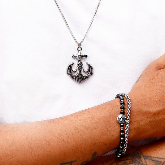 Silver-Tone Anchor Pendant & Beaded Chain Bracelet Set