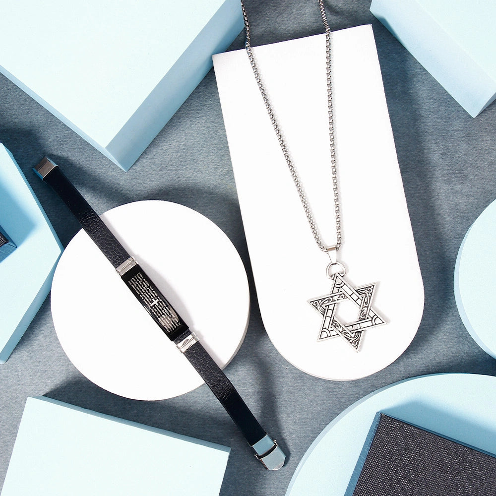 Silver-Tone Star Pendant & Cross Charm Leather Bracelet Set