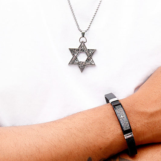 Silver-Tone Star Pendant & Cross Charm Leather Bracelet Set