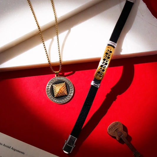 Gold-Tone Greek Key Medallion Necklace & Engraved Leather Bracelet Set
