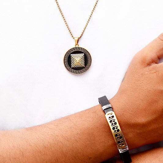 Gold-Tone Greek Key Medallion Necklace & Engraved Leather Bracelet Set