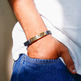Gold-Tone Greek Key Medallion Necklace & Engraved Leather Bracelet Set