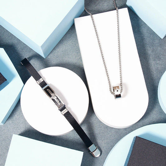 Silver-Tone Star Ring Pendant & Feather Charm Leather Bracelet Set