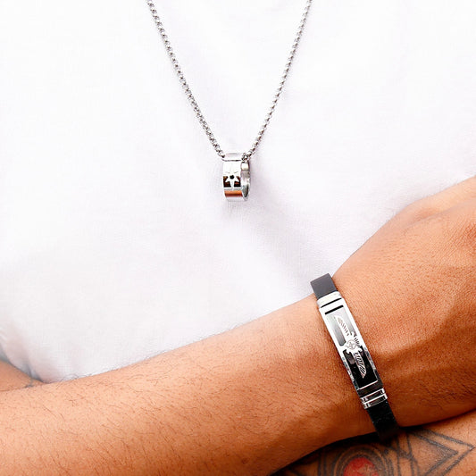 Silver-Tone Star Ring Pendant & Feather Charm Leather Bracelet Set