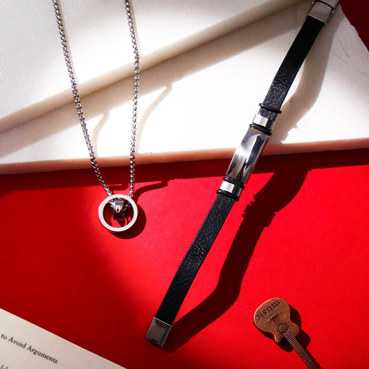 Silver-Tone Dual Ring pendant & Bar Detail Leather Bracelet Set