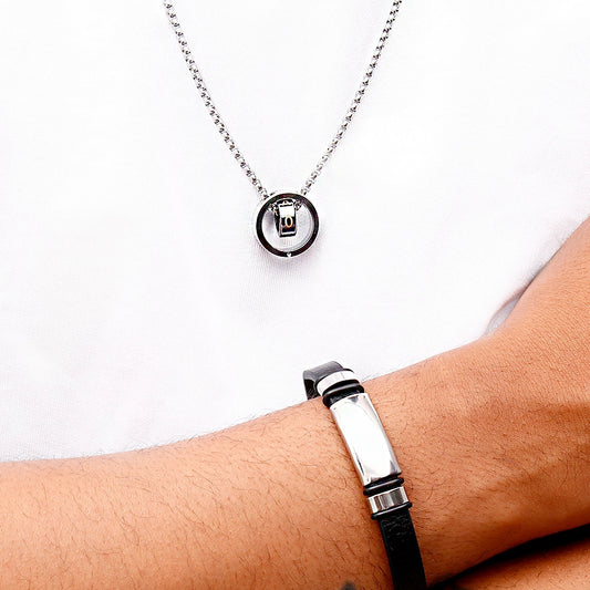 Silver-Tone Dual Ring pendant & Bar Detail Leather Bracelet Set