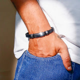 Silver-Tone Dual Ring pendant & Bar Detail Leather Bracelet Set
