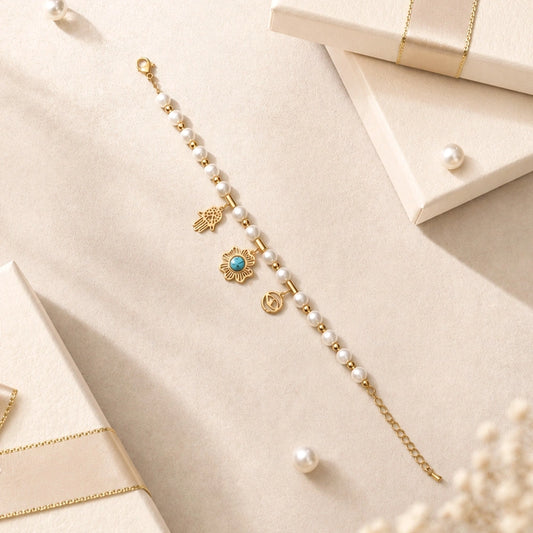 Pearl Hamsa Flower Charm Bracelet