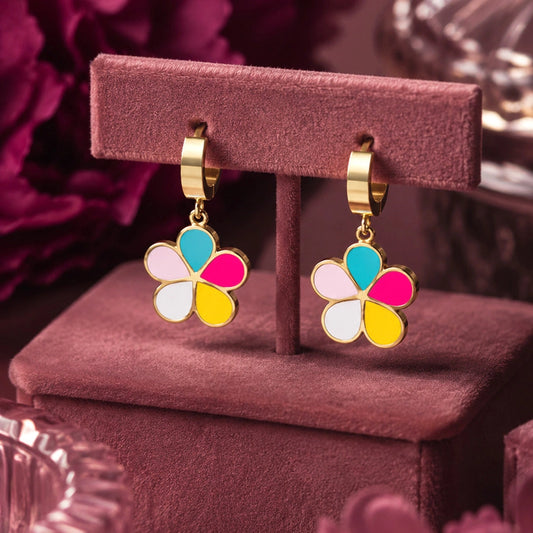 Rainbow Flower Enamel Hoop Earrings