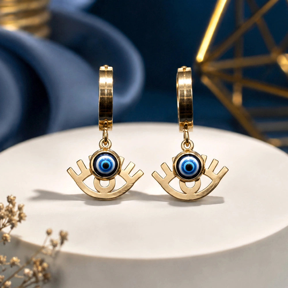 Golden Evil Eye Charm Hoop Earrings