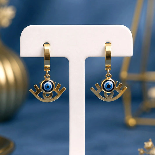 Golden Evil Eye Charm Hoop Earrings