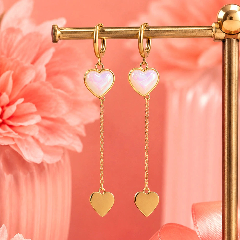 Opal Heart Chain Dangle Earrings