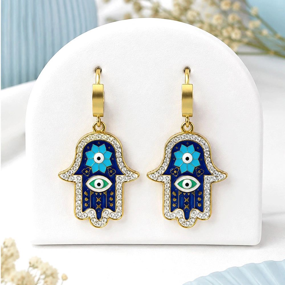 Blue Hamsa Hand Charm Drop Earrings