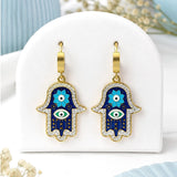 Blue Hamsa Hand Charm Drop Earrings
