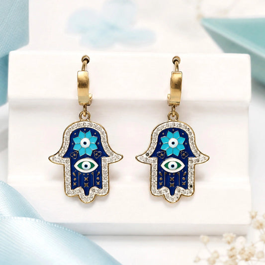 Blue Hamsa Hand Charm Drop Earrings