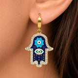 Blue Hamsa Hand Charm Drop Earrings