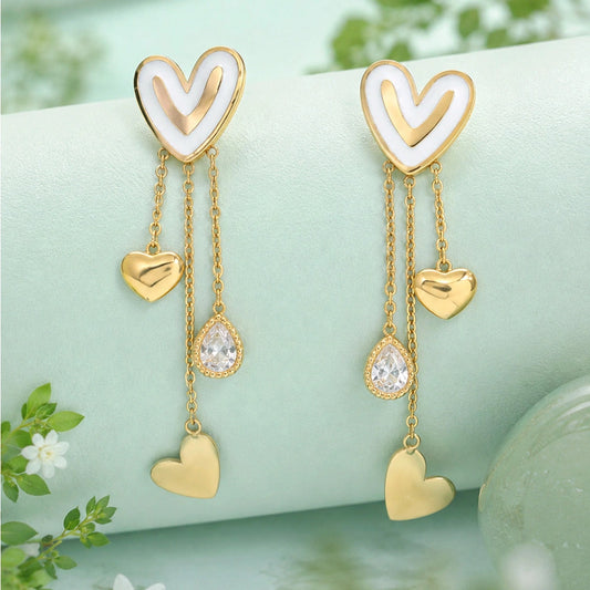 White Heart Chevron Multi-Chain Dangle Earrings