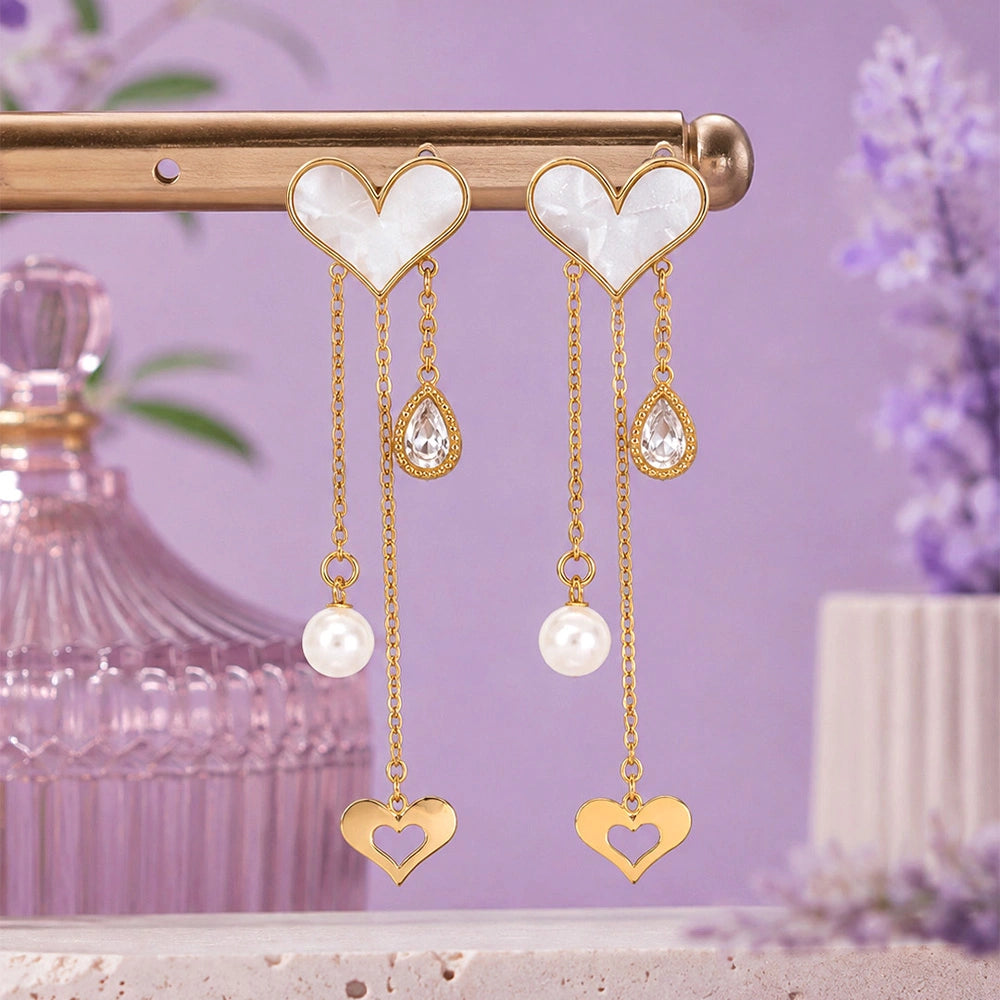 Pearl Heart Multi-Drop Stud Earrings