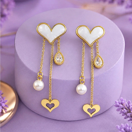 Pearl Heart Multi-Drop Stud Earrings