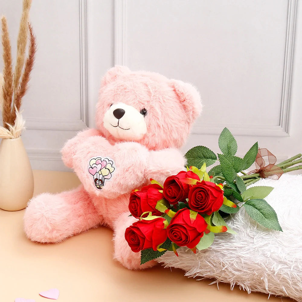 Five Roses Bunch With Romantic Heart Plush Teddy Bear - Pink