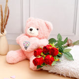 Five Roses Bunch With Romantic Heart Plush Teddy Bear - Pink