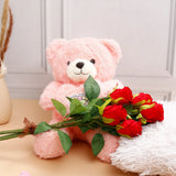 Five Roses Bunch With Romantic Heart Plush Teddy Bear - Pink