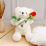 Single Rose With Romantic Heart Plush Teddy Bear - White