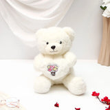 Single Rose With Romantic Heart Plush Teddy Bear - White