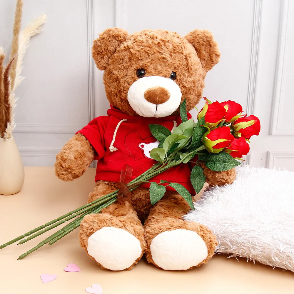 Five Roses Bunch With Classic Brown Teddy in Red Hoodie