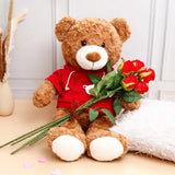 Five Roses Bunch With Classic Brown Teddy in Red Hoodie