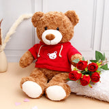 Five Roses Bunch With Classic Brown Teddy in Red Hoodie