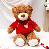 Single Rose With Classic Brown Teddy in Red Hoodie