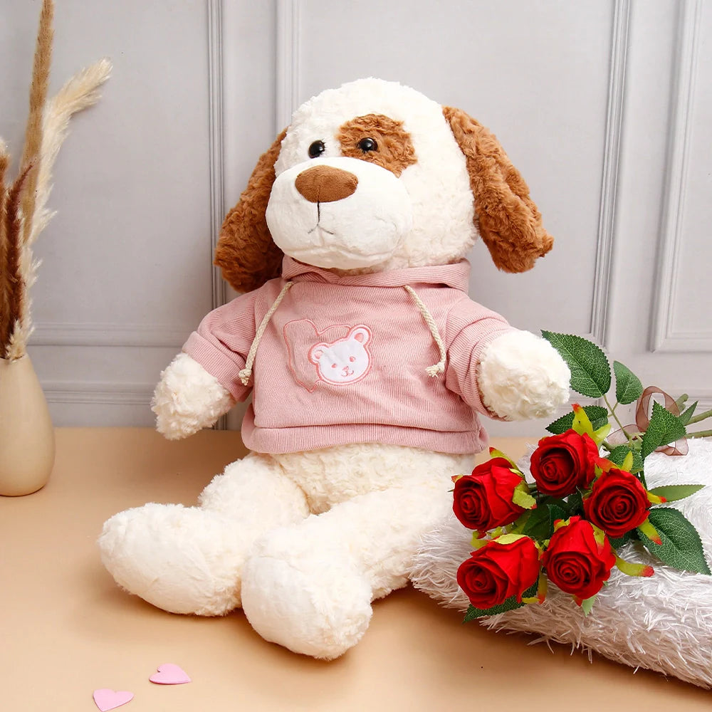 Five Roses Bunch With White Dog in Pink Hoodie Soft Toy