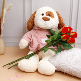 Five Roses Bunch With White Dog in Pink Hoodie Soft Toy