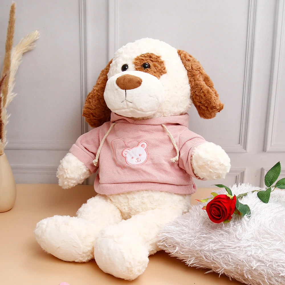 Single Rose With White Dog in Pink Hoodie Soft Toy