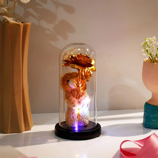 Golden Rose Teddy Bear LED Jar